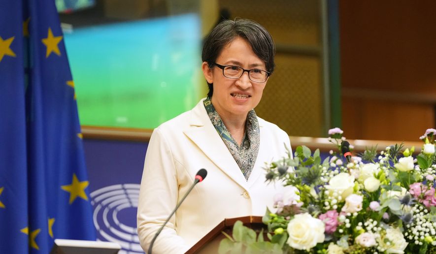 Taiwan's Vice President Bi-Khim Hsiao speaks during an event at the European Parliament in Brussels, Friday, Nov. 7, 2025. (AP Photo/Virginia Mayo)