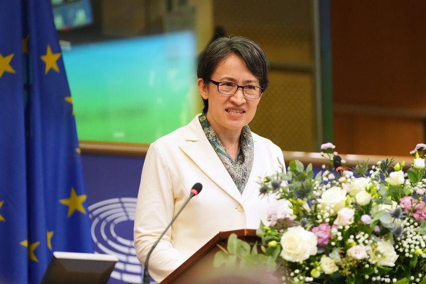 Taiwan's Vice President Bi-Khim Hsiao speaks during an event at the European Parliament in Brussels, Friday, Nov. 7, 2025. (AP Photo/Virginia Mayo)