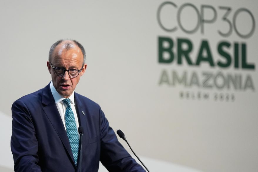 Germany Chancellor Friedrich Merz speaks during a press conference at the COP30 U.N. Climate Summit in Belem, Brazil, Friday, Nov. 7, 2025. (AP Photo/Fernando Llano)