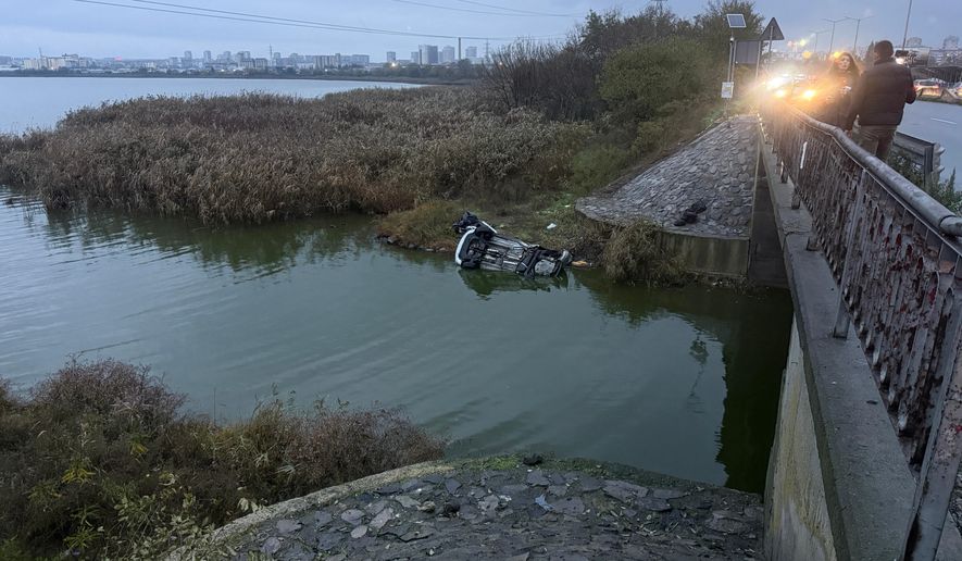 A crashed vehicle is seen out of a road after a police chase near Burgas, Bulgaria, Friday 7 Nov. 2025. (NOVA TV Bulgaria via AP)