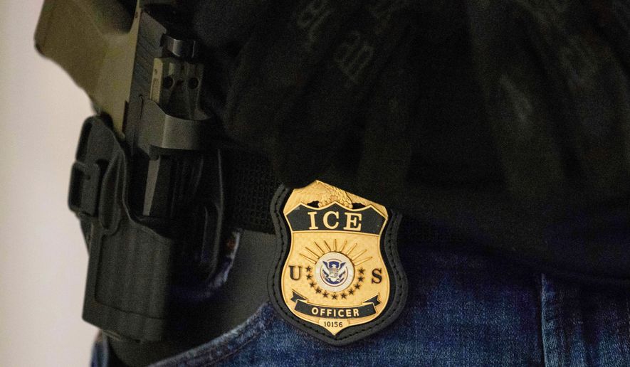 FILE - A federal agent wears an Immigration and Customs Enforcement badge at the immigration court at Jacob K. Javits Federal Building in New York, on Monday, June 9, 2025. (AP Photo/Yuki Iwamura, File)