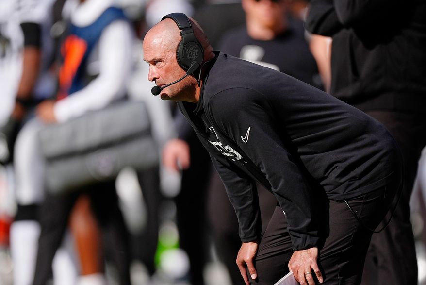 FILE - Las Vegas Raiders special teams coach Tom McMahon watches during the first half of an NFL football game Sunday, Oct. 6, 2024, in Denver. (AP Photo/David Zalubowski, File)