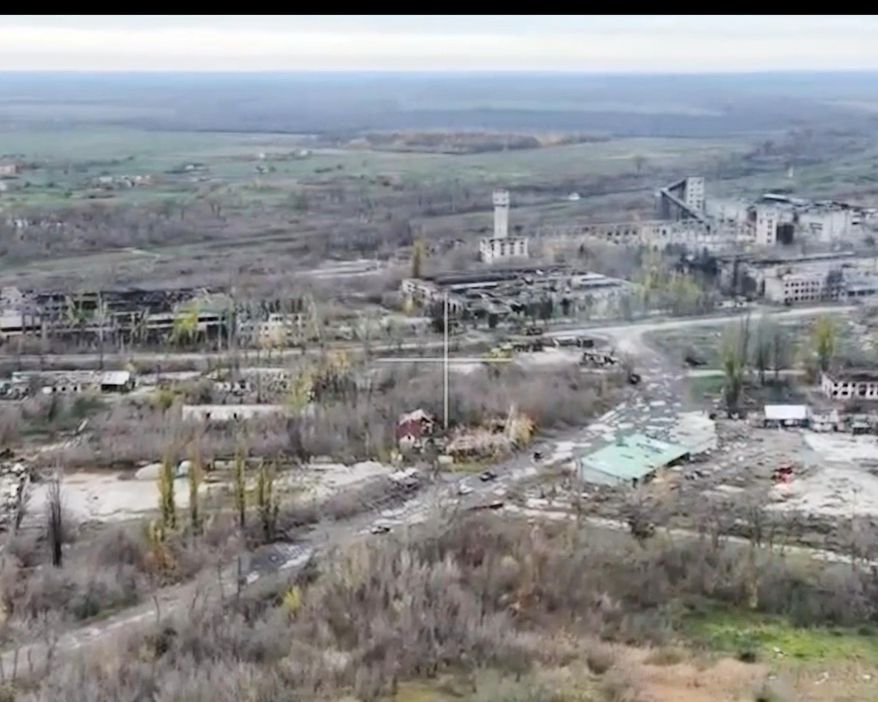 This image made from video provided by Skala - 425th Separate Assault Regiment shows drone footage from Provost, Ukraine, Friday, Oct. 31, 2025. (Skala - 425th Separate Assault Regiment via AP)