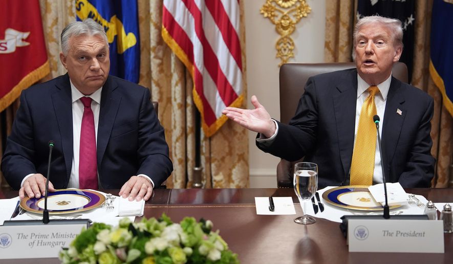President Donald Trump, right, meets with Hungary's Prime Minister Viktor Orban in the Cabinet Room of the White House, Friday, Nov. 7, 2025, in Washington. (AP Photo/Evan Vucci)