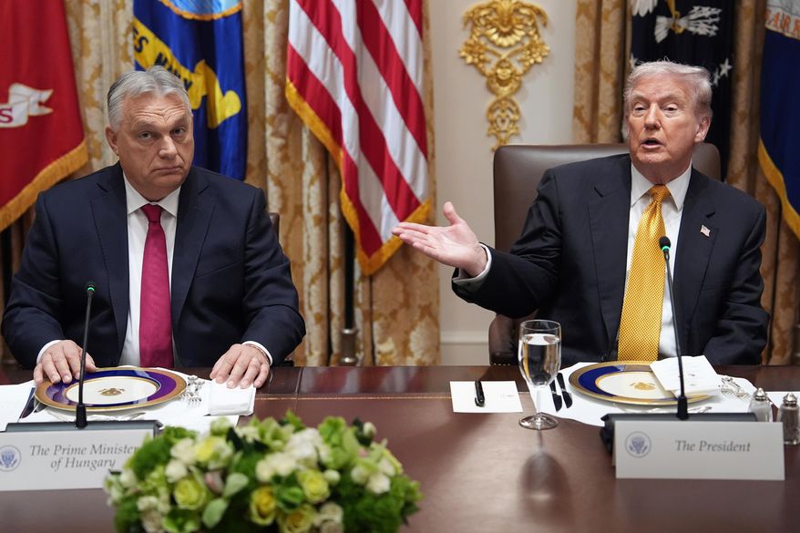 President Donald Trump, right, meets with Hungary's Prime Minister Viktor Orban in the Cabinet Room of the White House, Friday, Nov. 7, 2025, in Washington. (AP Photo/Evan Vucci)