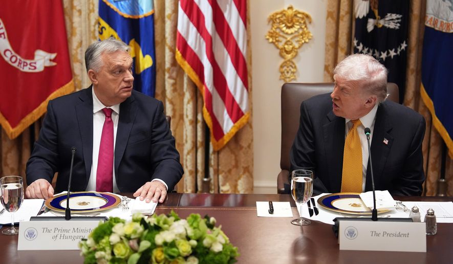 President Donald Trump, right, meets with Hungary's Prime Minister Viktor Orban in the Cabinet Room of the White House, Friday, Nov. 7, 2025, in Washington. (AP Photo/Evan Vucci)