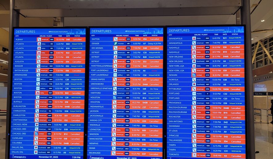 Anxious passengers arrived Friday at airports across the U.S. only to find long lines and flight delays as the first day of government-ordered air service reductions began. Flight delays and cancellations at Reagan National Airport in Washington, D.C. Friday, November 7, 2025. Photo credit: Ann Wog / The Washington Times.