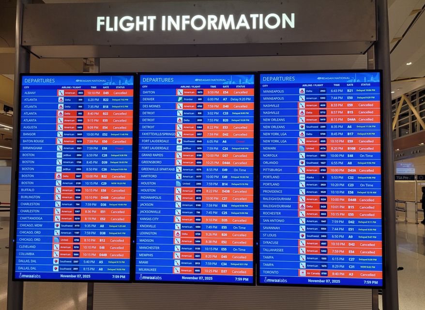 Anxious passengers arrived Friday at airports across the U.S. only to find long lines and flight delays as the first day of government-ordered air service reductions began. Flight delays and cancellations at Reagan National Airport in Washington, D.C. Friday, November 7, 2025. Photo credit: Ann Wog / The Washington Times.