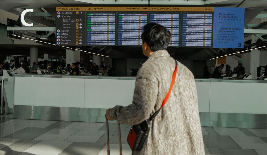 A traveler checks the flight schedule at LaGuardia International Airport on Saturday, Nov. 8, 2025, in New York. (AP Photo/Olga Fedorova)