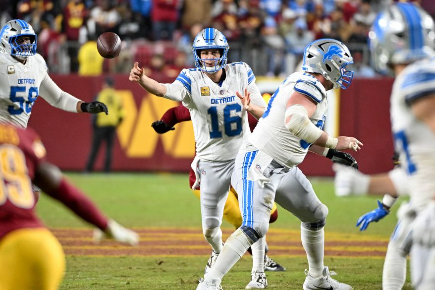 Detroit Lions quarterback Jared Goff (16) throwing a pass during the 2nd half of an NFL game against the Detroit Lions at Northwest Stadium in Landover, MD, November 9, 2025. (Photo for the Washington Times)