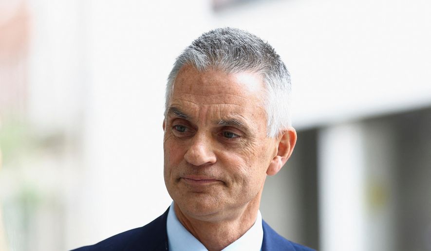 FILE - BBC Director-General Tim Davie is pictured at BBC World Service offices in London, Thursday, April 28, 2022. (Hannah McKay/Pool via AP, File)