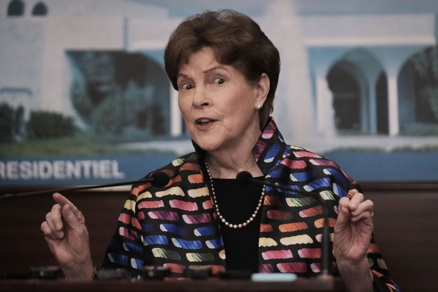 U.S. Sen. Jeanne Shaheen, D-N.H., speaks during a press conference after her meeting with Lebanese President Joseph Aoun, at the presidential palace in Baabda, in east of Beirut, Lebanon, Tuesday, Aug. 26, 2025. (AP Photo/Hussein Malla) **FILE**