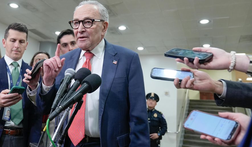 Sen. Minority Leader Chuck Schumer of N.Y., speaks with reporters at the Capitol Subway on the 36th day of the government shutdown, Wednesday, Nov. 5, 2025, in Washington. (AP Photo/Mariam Zuhaib)