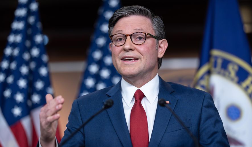 Speaker of the House Mike Johnson, R-La., makes a statement to reporters following a vote in the Senate to move forward with a stopgap funding bill to reopen the government through Jan. 30, at the Capitol in Washington, Monday, Nov. 10, 2025. (AP Photo/J. Scott Applewhite)