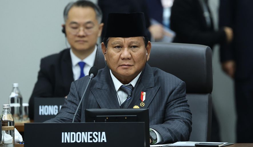 Indonesian President Prabowo Subianto attends at the Asia-Pacific Economic Cooperation (APEC) Economic Leaders' Meeting in Gyeongju, South Korea, Friday, Oct. 31, 2025. (Yonhap via AP)