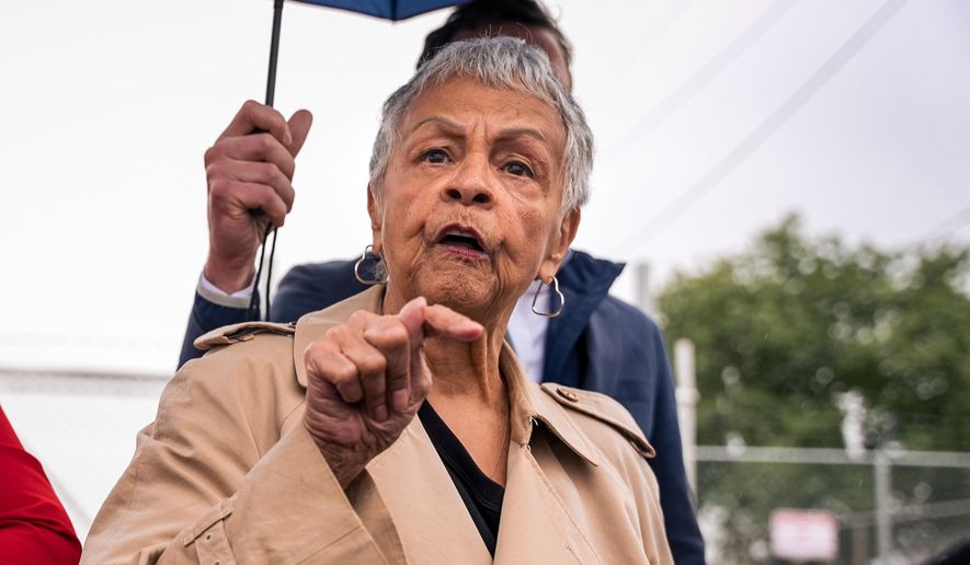 FILE - Rep. Bonnie Watson Coleman, D-N.J., speaks to the press after Newark Mayor Ras Baraka was arrested at Delancey Hall ICE detention prison, Friday, May 9, 2025, in Newark, N.J. (AP Photo/Angelina Katsanis, File)