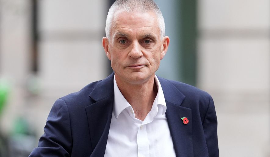 Outgoing BBC Director-General Tim Davie outside BBC Broadcasting House in London, Tuesday Nov. 11, 2025. (Lucy North/PA via AP)