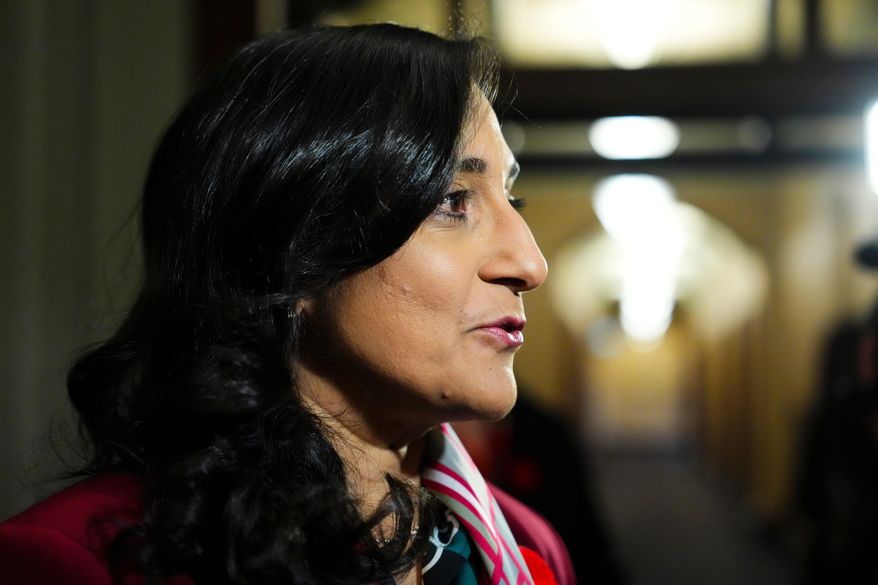 Canada's Foreign Affairs Minister Anita Anand arrives at a Cabinet meeting on Parliament Hill in Ottawa, Nov. 4, 2025. (Sean Kilpatrick/The Canadian Press via AP)