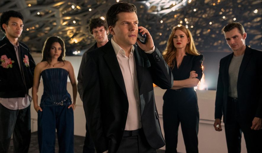 This image released by Lionsgate shows, from left, Justice Smith, Ariana Greenblatt, Dominic Sessa, Jesse Eisenberg, Isla Fisher and Dave Franco in a scene from "Now You See Me: Now You Don't." (Katalin Vermes/Lionsgate via AP)