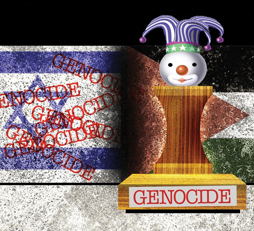 Israel’s war against Hamas in the Gaza Strip as genocide illustration by Alexander Hunter/The Washington Times