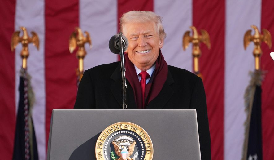President Donald Trump speaks during an event to mark Veterans Day at Arlington National Cemetery, Tuesday, Nov. 11, 2025, in Arlington, Va. (AP Photo/Evan Vucci)