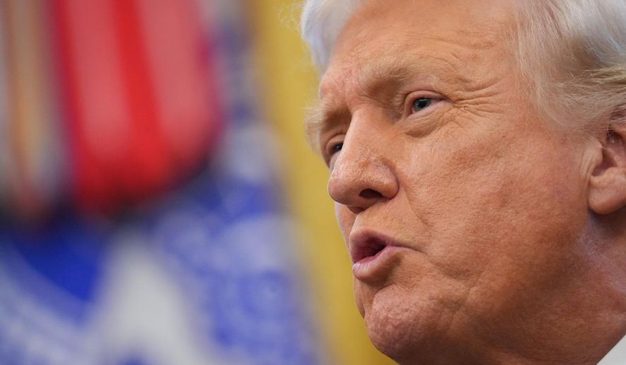 President Donald Trump speaks to reporters after Vice President JD Vance swore in U.S. Ambassador to India Sergio Gor in the Oval Office of the White House, Monday, Nov. 10, 2025, in Washington. (AP Photo/Jacquelyn Martin)