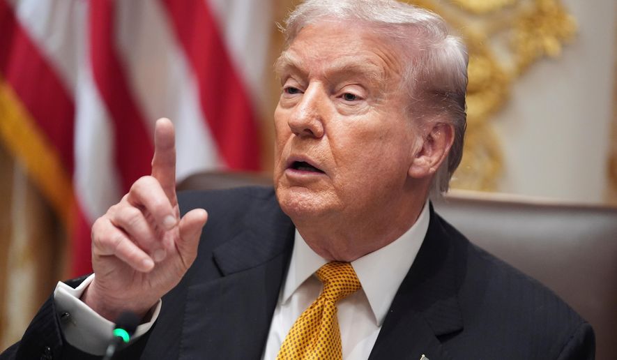 FILE - President Donald Trump speaks with reporters in the Cabinet Room of the White House, Nov. 7, 2025, in Washington. (AP Photo/Evan Vucci, File)