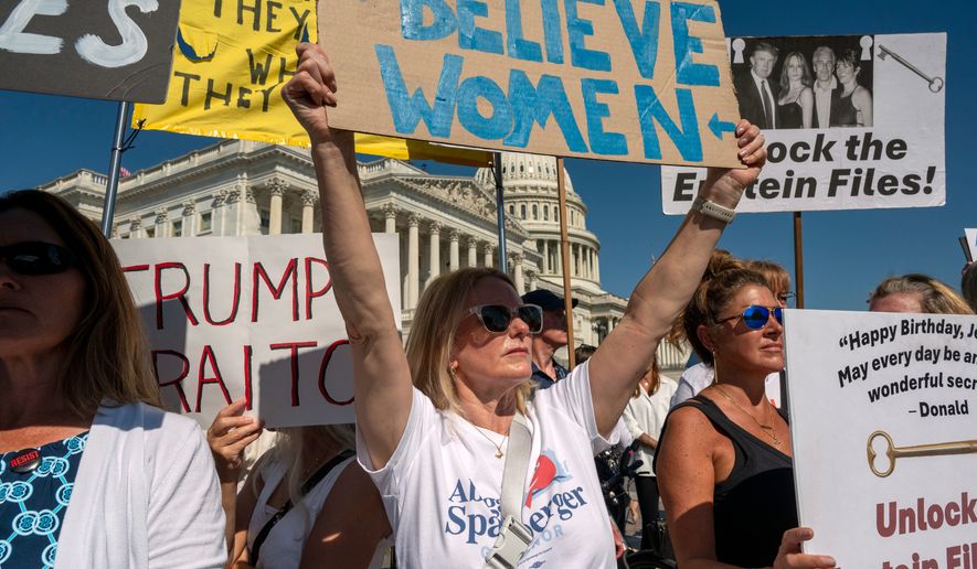 Protesters rally outside the U.S. Capitol in Washington on Wednesday, Sept. 3, 2025, at a news conference calling for Congress to release all of the Jeffrey Epstein files. (AP Photo/Kevin Wolf) **FILE**