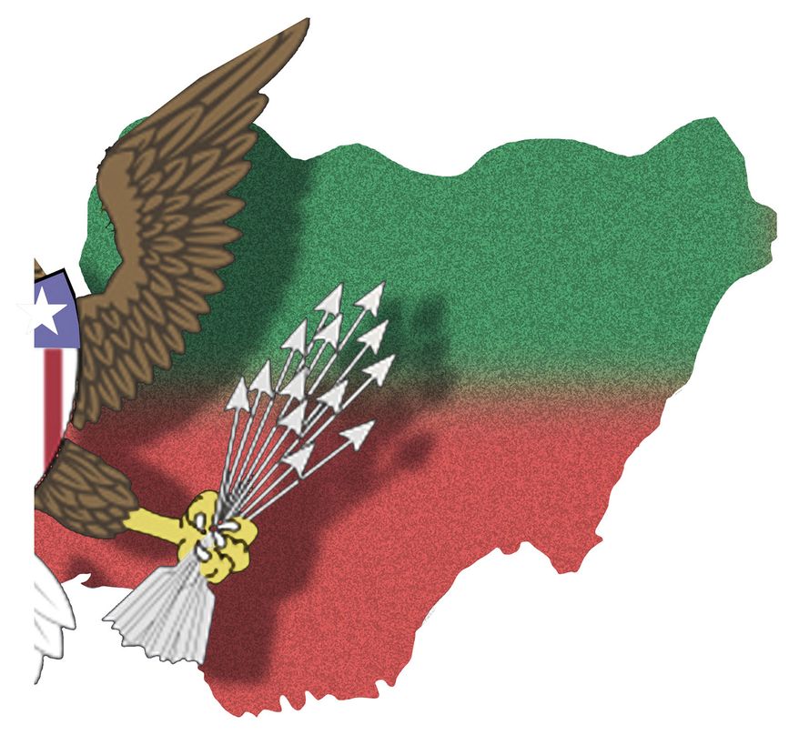 The United States of America attacking Nigeria illustration by Alexander Hunter/The Washington Times