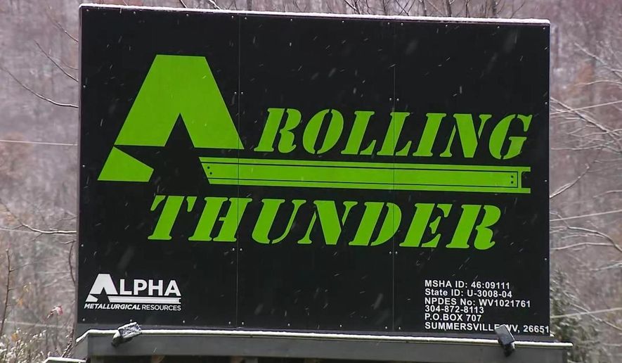 In this image taken from a video provided by WCHS, a sign for the Rolling Thunder mine is seen near Drennen, W.Va., Sunday, Nov. 9, 2025. (WCHS via AP)