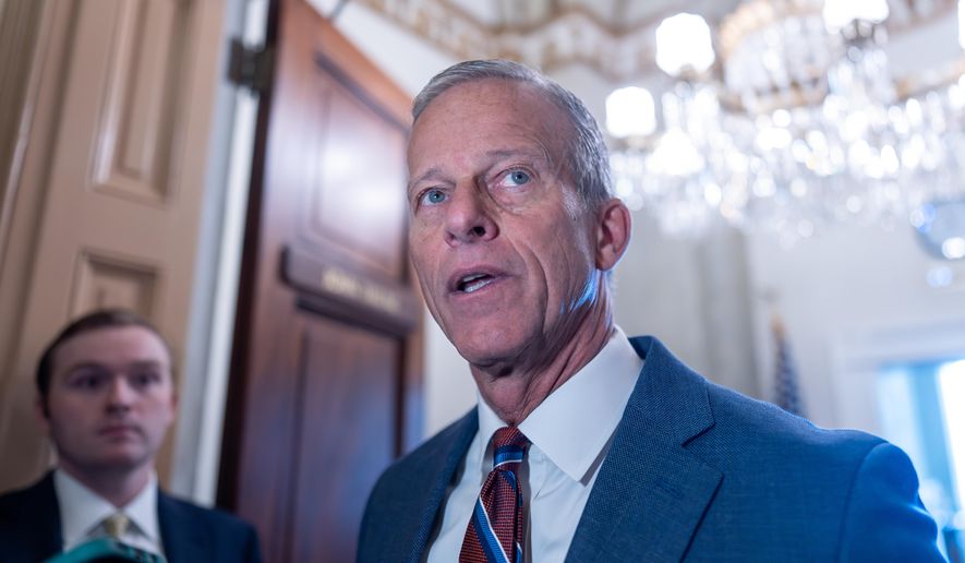 Senate Majority Leader John Thune, R-S.D., speaks to reporters as he arrives at his office following a weekend vote to move forward with a stopgap funding bill to reopen the government through Jan. 30, at the Capitol in Washington, Monday, Nov. 10, 2025. (AP Photo/J. Scott Applewhite)