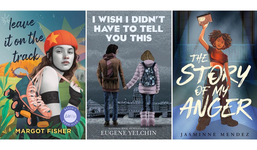 This combination of book covers shows “Leave It on the Track” by Margot Fisher, left, "I Wish I Didn't Have to Tell You This" by Eugene Yelchin, center, and “The Story of My Anger” by Jasminne Mendez. (Dutton Books for Young Readers/Candlewick/Dial Books via AP)