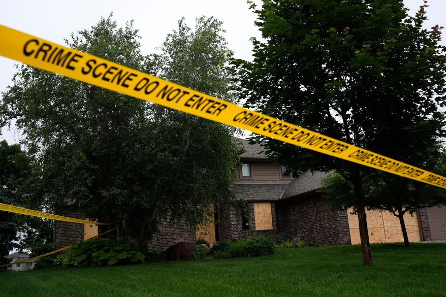 Police tape blocks off the home of Minnesota state Rep. Melissa Hortman, Sunday, June 15, 2025, in Brooklyn Park, Minn. (AP Photo/George Walker IV, File)