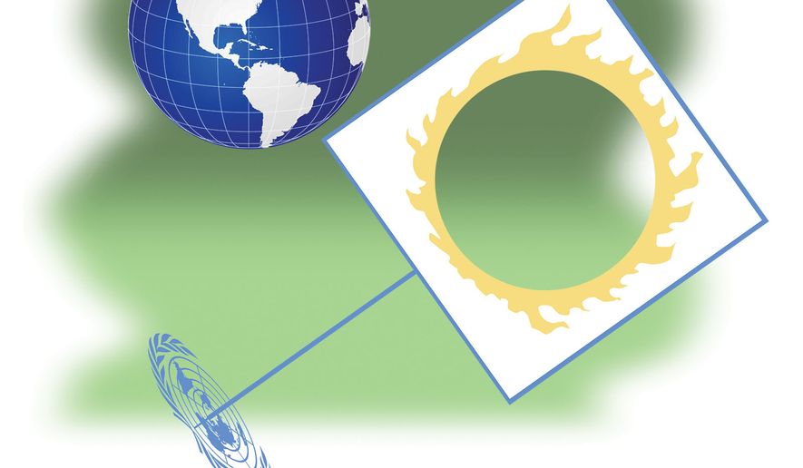 United Nations’ climate change conference and global warming illustration by Alexander Hunter/The Washington Times