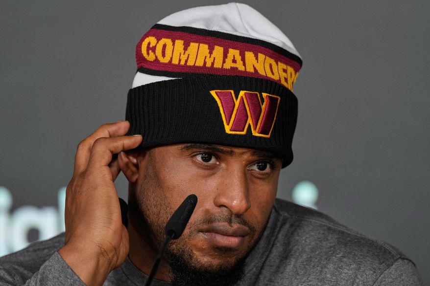 Washington Commanders linebacker Bobby Wagner (54) attends a press conference in Madrid, Spain, Wednesday, Nov. 12, 2025, ahead of Sunday's NFL football game against Miami Dolphins. (AP Photo/Bernat Armangue)