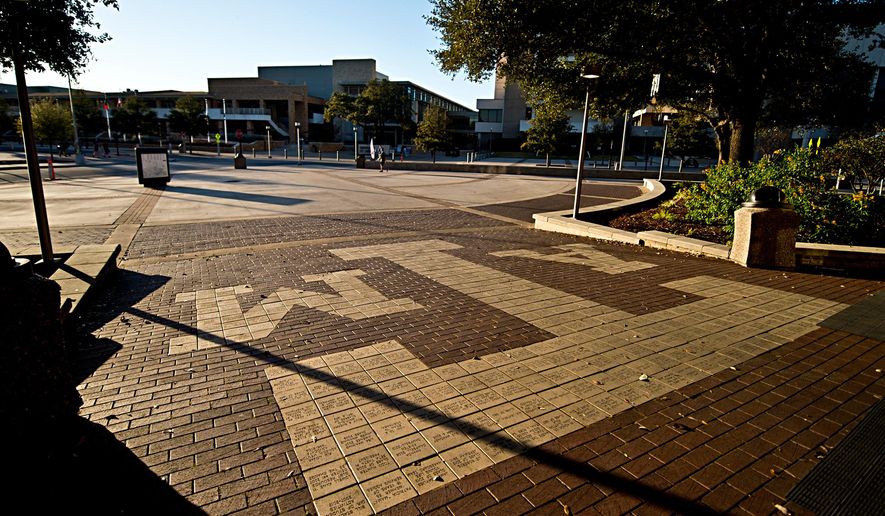 FILE - The sun sets over Texas A&M Campus, just outside Rudder Tower, Feb 12, 2016, in College Station, Texas. (Timothy Hurst/College Station Eagle via AP, File)