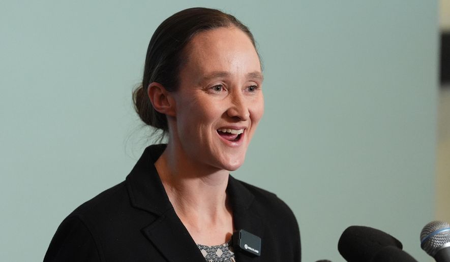 Seattle mayor-elect Katie Wilson smiles while delivering a victory speech during a news conference at the Seattle Labor Temple Thursday, Nov. 13, 2025, in Seattle. (AP Photo/Lindsey Wasson)