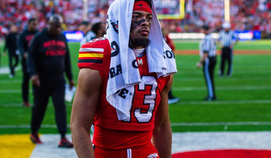 Maryland defensive back Lavain Scruggs (13) walks off the field at halftime of the Terrapins' NCAA football game against Indiana Saturday, Nov. 1, 2025, at SECU Stadium in College Park, Md. (All-Pro Reels-Neil Dalal)