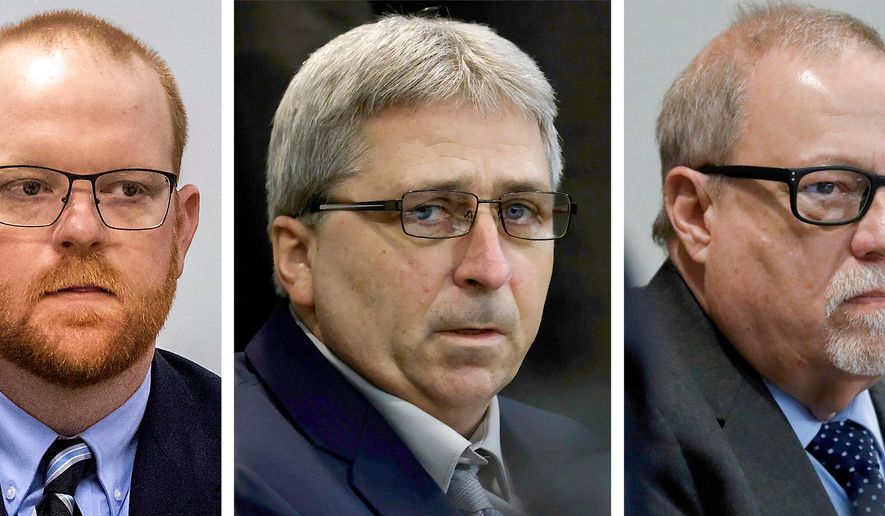 FILE - This combination of photos shows, from left, Travis McMichael, William "Roddie" Bryan, and Gregory McMichael during their trial at the Glynn County Courthouse in Brunswick, Ga. (AP Photo/Pool, File)