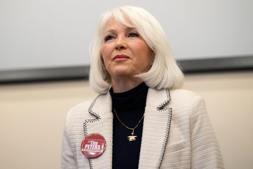 Candidate Tina Peters speaks during a debate for the state leadership position, Feb. 25, 2023, in Hudson, Colo. (AP Photo/David Zalubowski, File)
