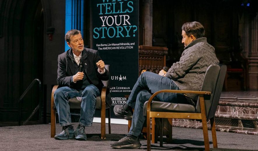 This image released by Trinity Church NYC shows Ken Burns, left, and Lin-Manuel Miranda at a “Who tells your story?” event at the church in New York on Nov. 12, 2025. (Jose A. Alvarado/Trinity Church NYC via AP)