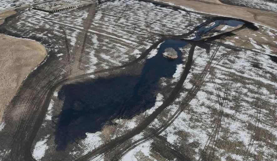 This image provided by South Bow shows a spill from the Keystone oil pipeline that occurred Tuesday, April 8, 2025 near Fort Ransom, N.D. (South Bow via AP)