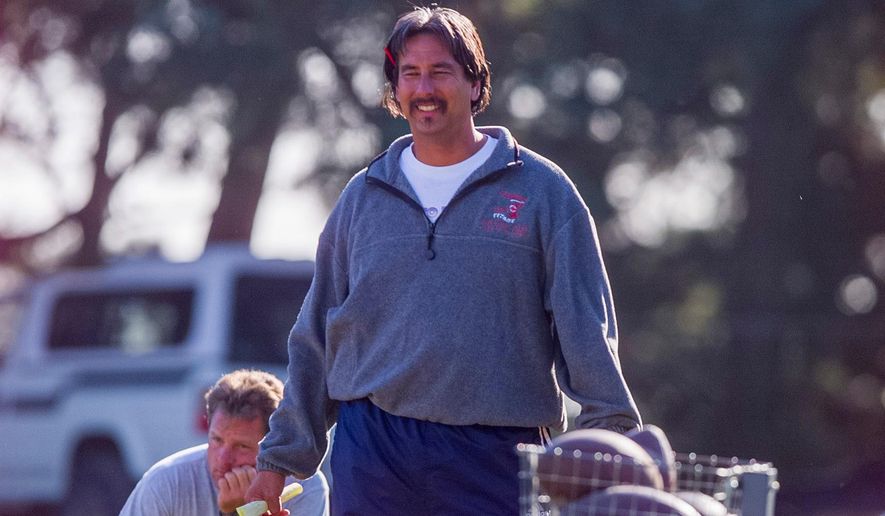 Coach John Beam during football practice at Skyline High School in Oakland, Calif., on Oct. 5, 2000. (Kendra Luck/San Francisco Chronicle via AP)