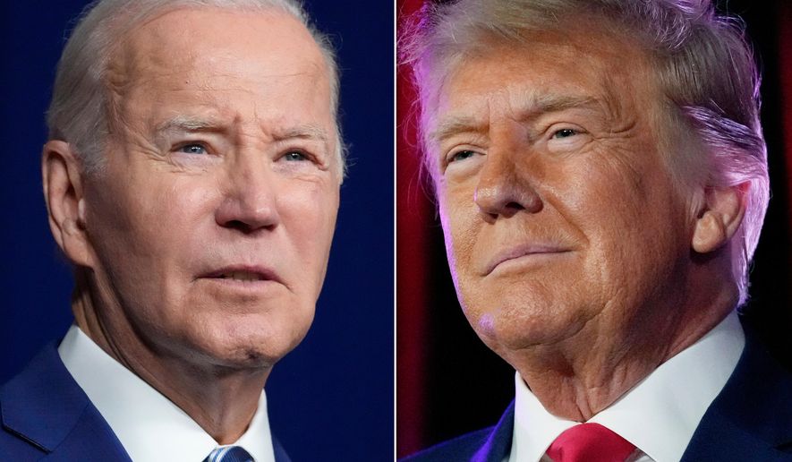 In this combination of photos, President Joe Biden speaks on Aug. 10, 2023, in Salt Lake City, left, and former President Donald Trump speaks on July 8, 2023, in Las Vegas. (AP Photo)