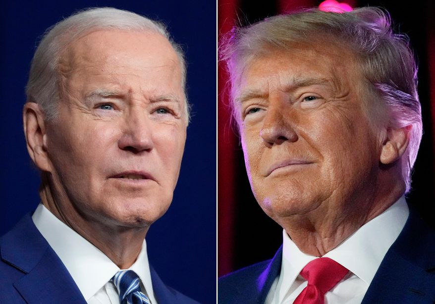 In this combination of photos, President Joe Biden speaks on Aug. 10, 2023, in Salt Lake City, left, and former President Donald Trump speaks on July 8, 2023, in Las Vegas. (AP Photo)