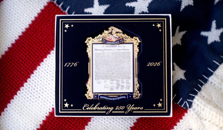 A commemorative ornament released by America250 as part of events leading up to the 250th anniversary of the signing of the Declaration of Independence in 1776, is photographed Thursday, Nov. 13, 2025, in Washington. (AP Photo/Mark Schiefelbein)