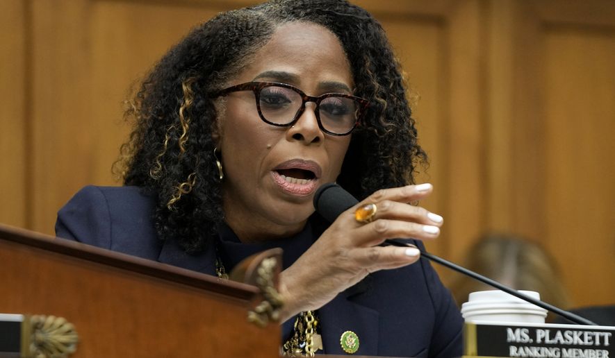 Committee Ranking Member Del. Stacey Plaskett, D-V.I., speaks during a House Judiciary Select Subcommittee on the Weaponization of the Federal Government hearing on Capitol Hill in Washington, Thursday, July 20, 2023. (AP Photo/Patrick Semansky)