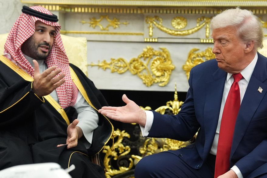 President Donald Trump meets Saudi Arabia's Crown Prince Mohammed bin Salman in the Oval Office of the White House, Tuesday, Nov. 18, 2025, in Washington. (AP Photo/Evan Vucci)
