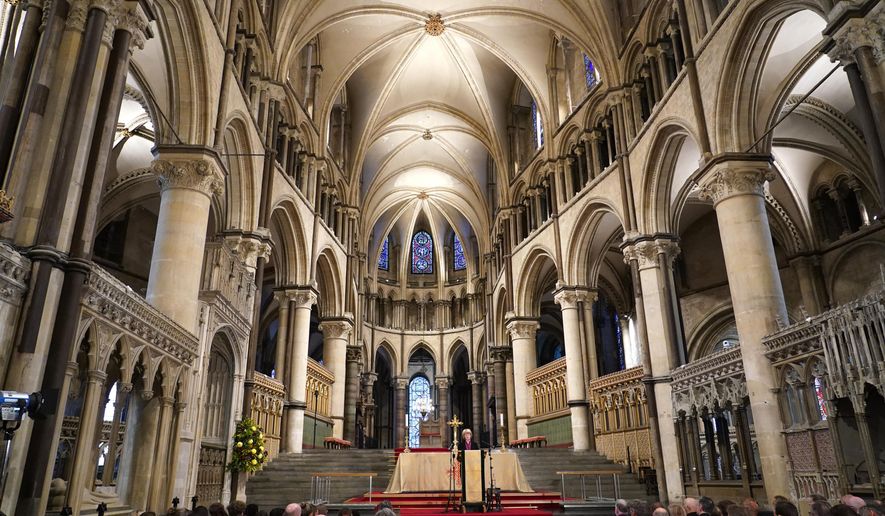 Sarah Mullally, the new Archbishop of Canterbury, spiritual leader of the world's 85 million Anglicans, speaks inside Canterbury Cathedral in Canterbury, England, Oct. 3, 2025. (AP Photo/Alberto Pezzali, File)