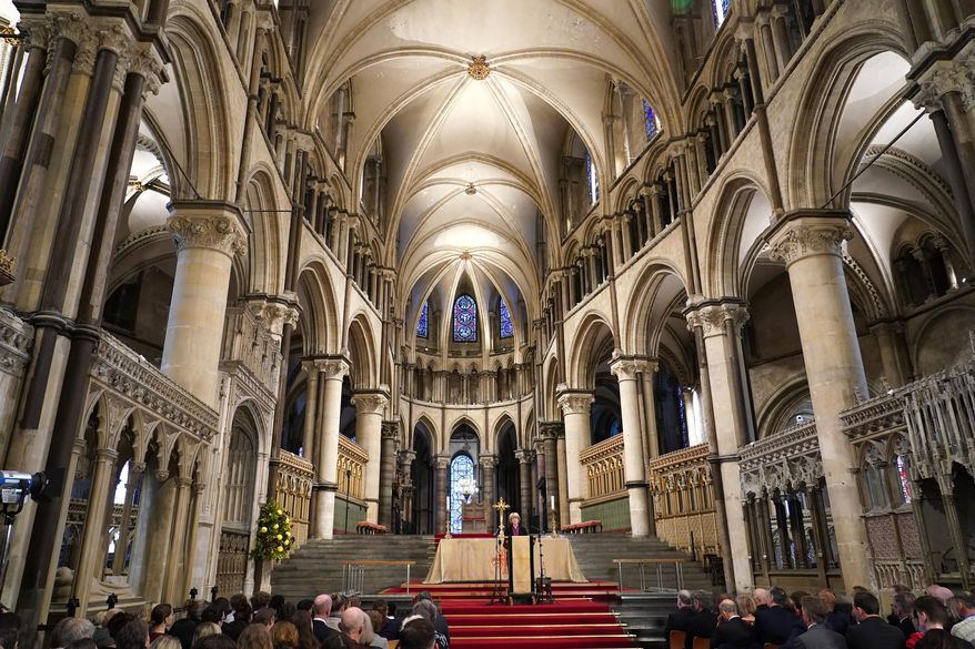 Sarah Mullally, the new Archbishop of Canterbury, spiritual leader of the world's 85 million Anglicans, speaks inside Canterbury Cathedral in Canterbury, England, Oct. 3, 2025. (AP Photo/Alberto Pezzali, File)